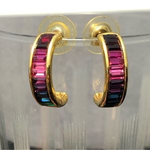 Vintage Earrings Multi-Color Baguette Crystal Gold Hoop Pink Red to Blue Green